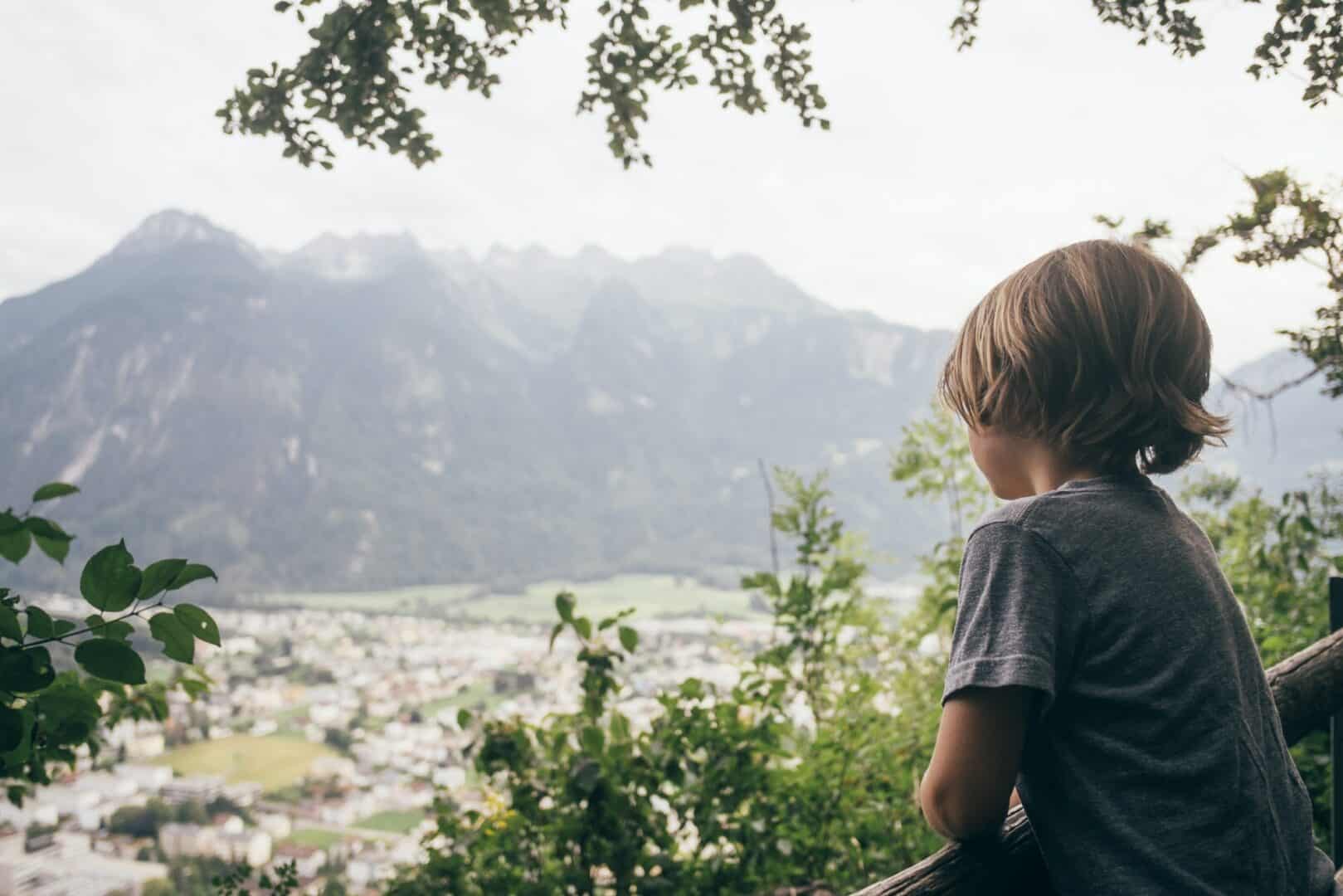 Rear view of boy looking at view of mountain range, Bludenz, Vorarlberg, Austria