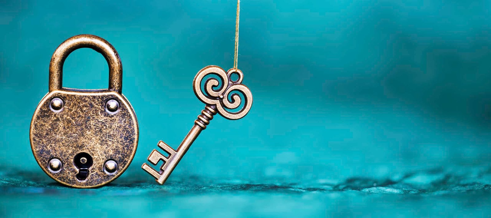 Old vintage key and padlock, escape room game banner