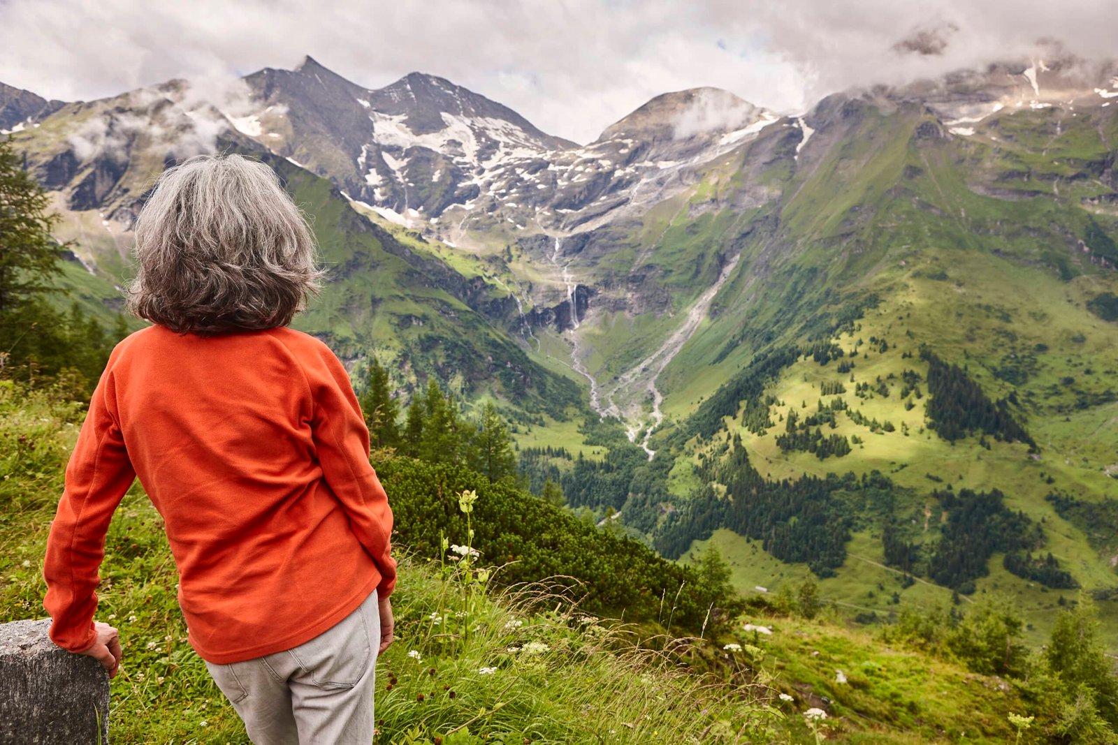 Grossglockner. Serpentine alpine road viewpoint. Green forest and waterfall. Austria
