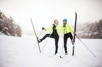 Senior couple cross-country skiing.