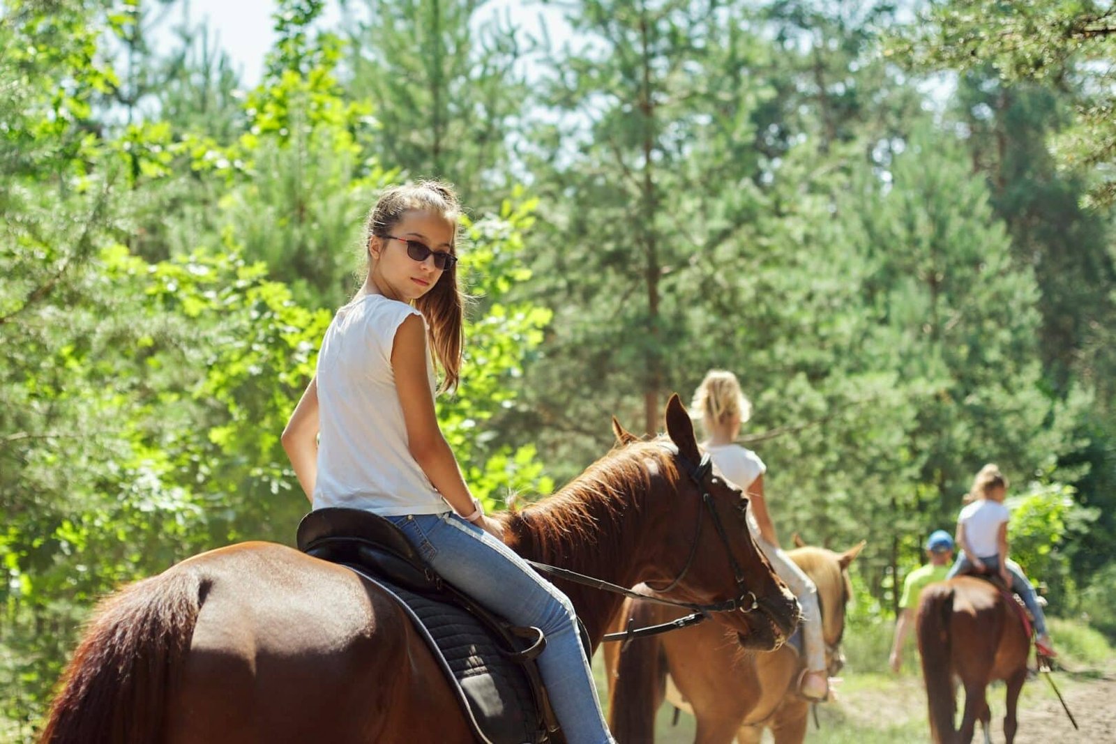 Teenager girl riding a brown horse, horseback riding for people in the park
