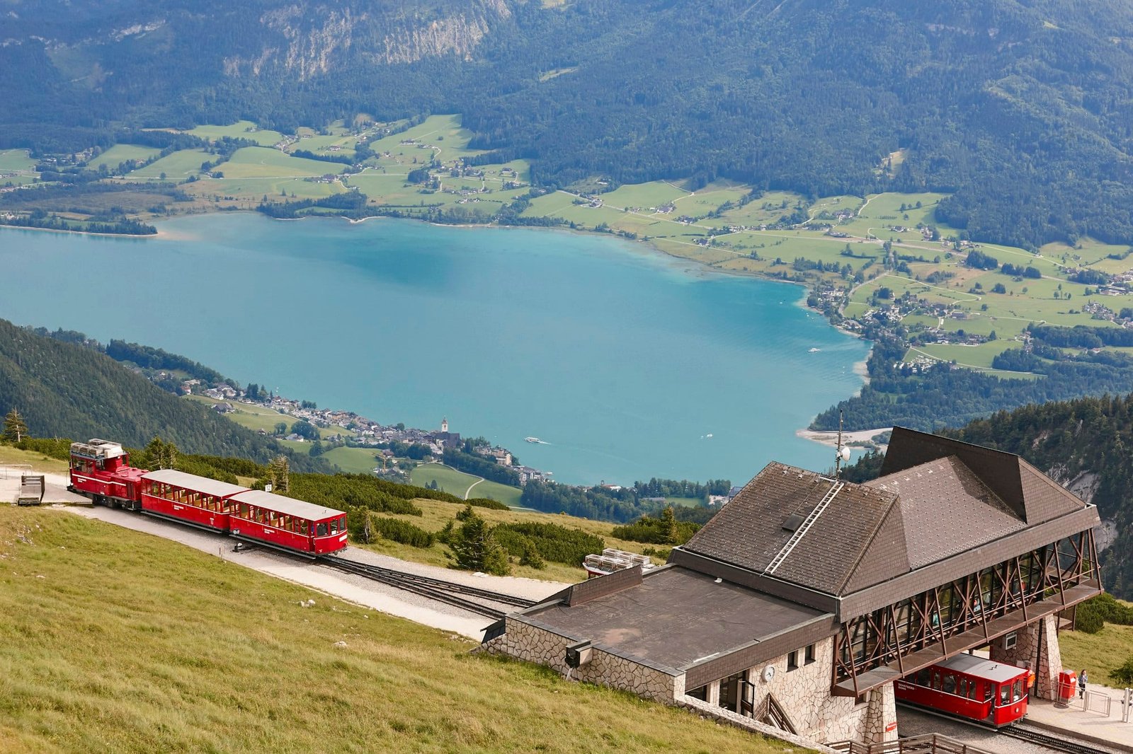 Mondsee lake and Schafberg train in Salzburg region. Austria highlight