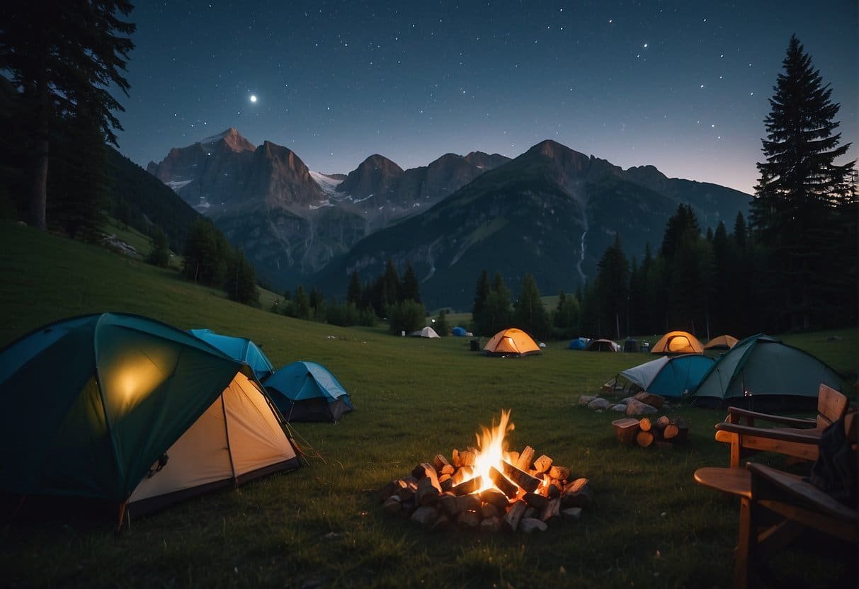 A serene campsite nestled in the Inntal valley, surrounded by lush greenery and towering mountains, with a crackling campfire and cozy tents under a starry sky