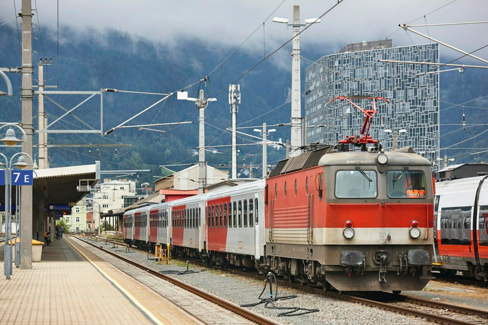 Innsbruck railway station platform. Austrian transportation. European destination