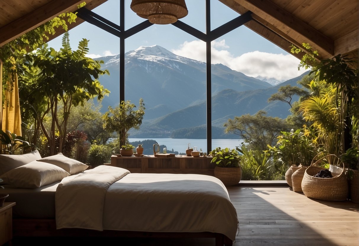 Choose sustainable accommodations for a sustainable vacation. Illustrate a scene of a traveler selecting eco-friendly lodging options for a responsible holiday