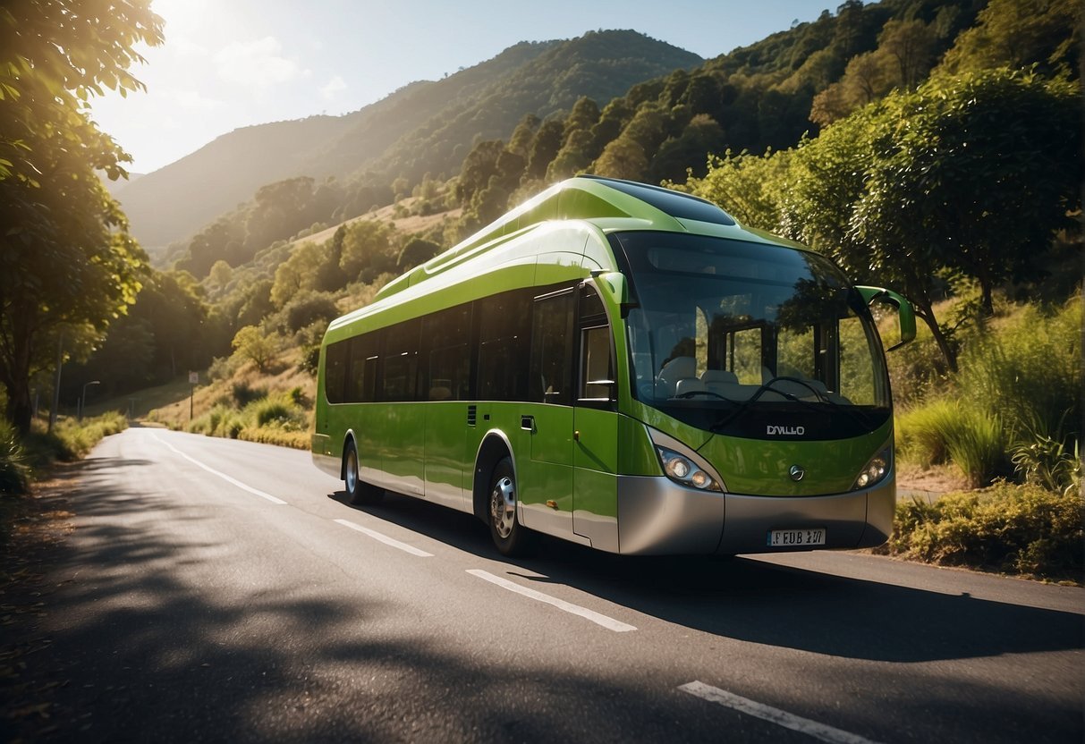 Sustainable transportation and accommodation choice for a green vacation. Illustrate eco-friendly vehicles and lodging options