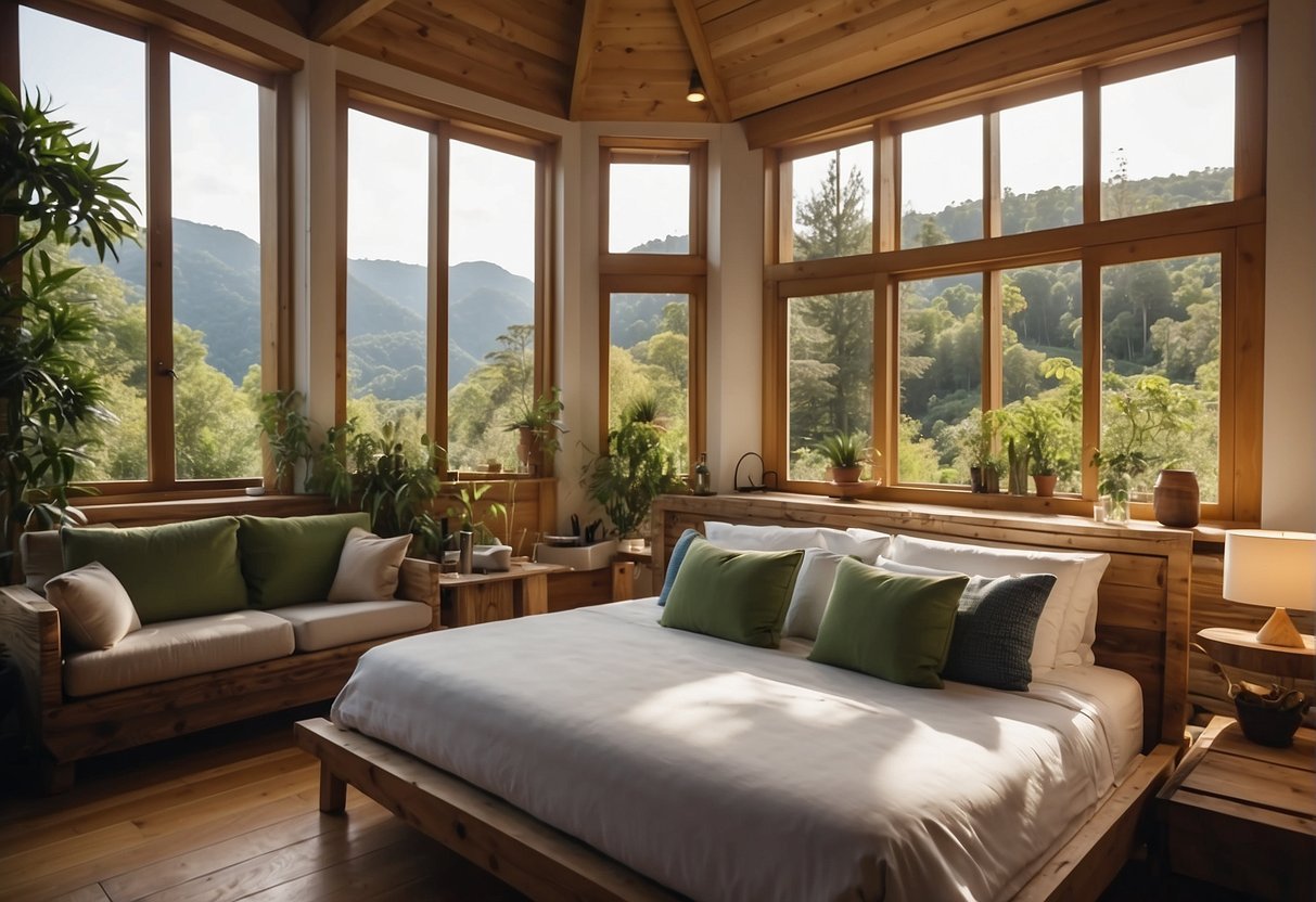 Choose sustainable accommodations for a sustainable vacation. Illustrate a scene of selecting eco-friendly lodging options for a responsible tourism experience