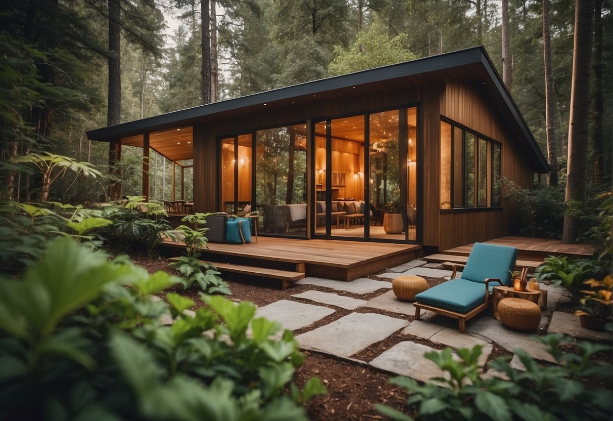 Choose sustainable accommodations for a sustainable vacation. Show a variety of eco-friendly lodging options in a natural setting