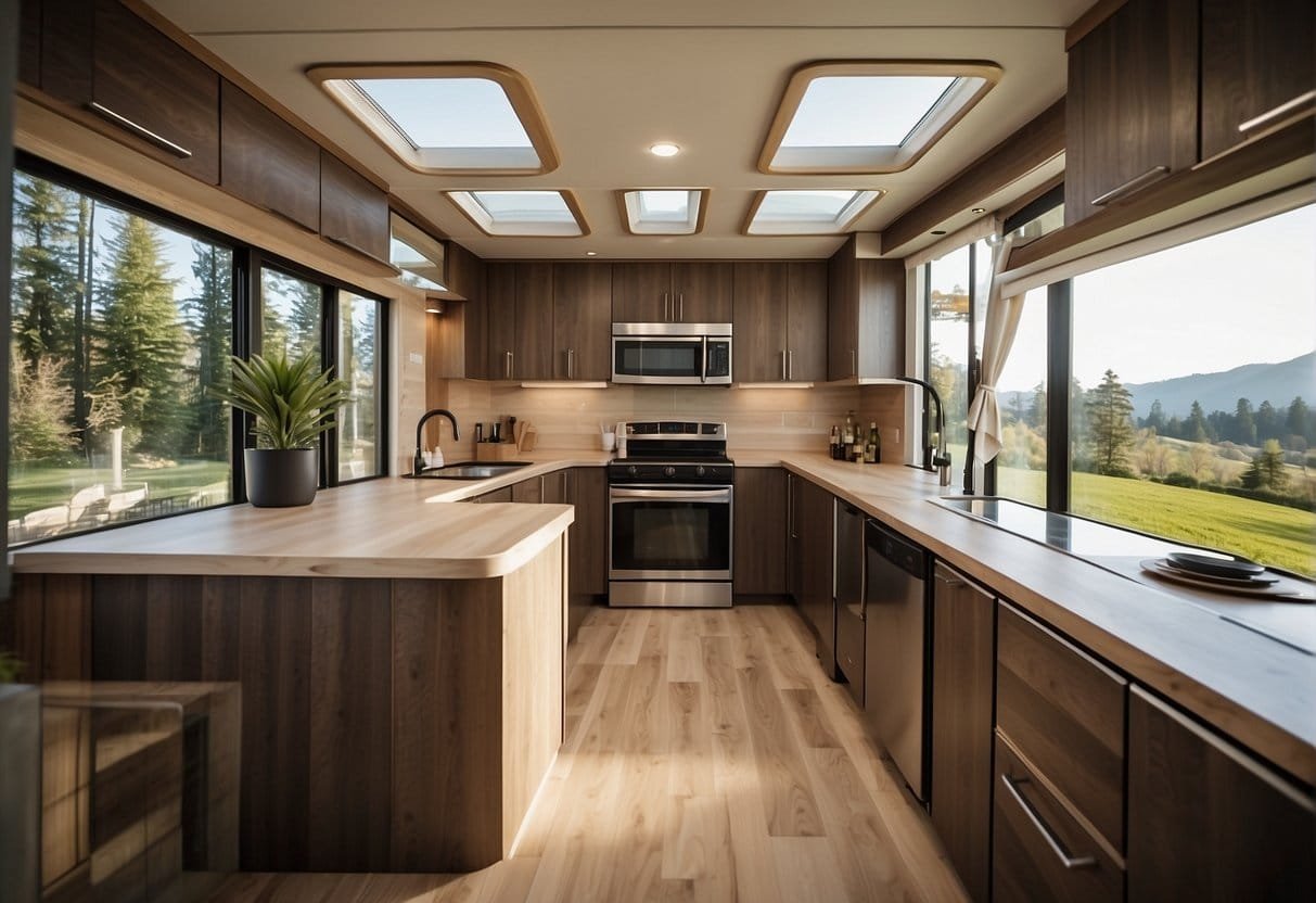 Explore eco-friendly mobile home designs: showcase innovative technologies and design concepts in a modern setting