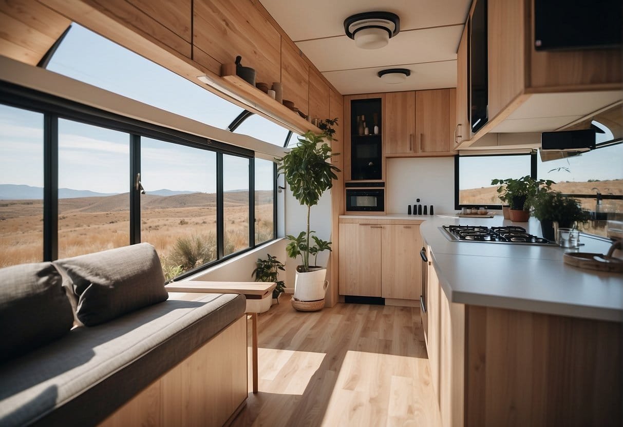 A modern, eco-friendly mobile home design with innovative technologies and sleek, minimalist aesthetic