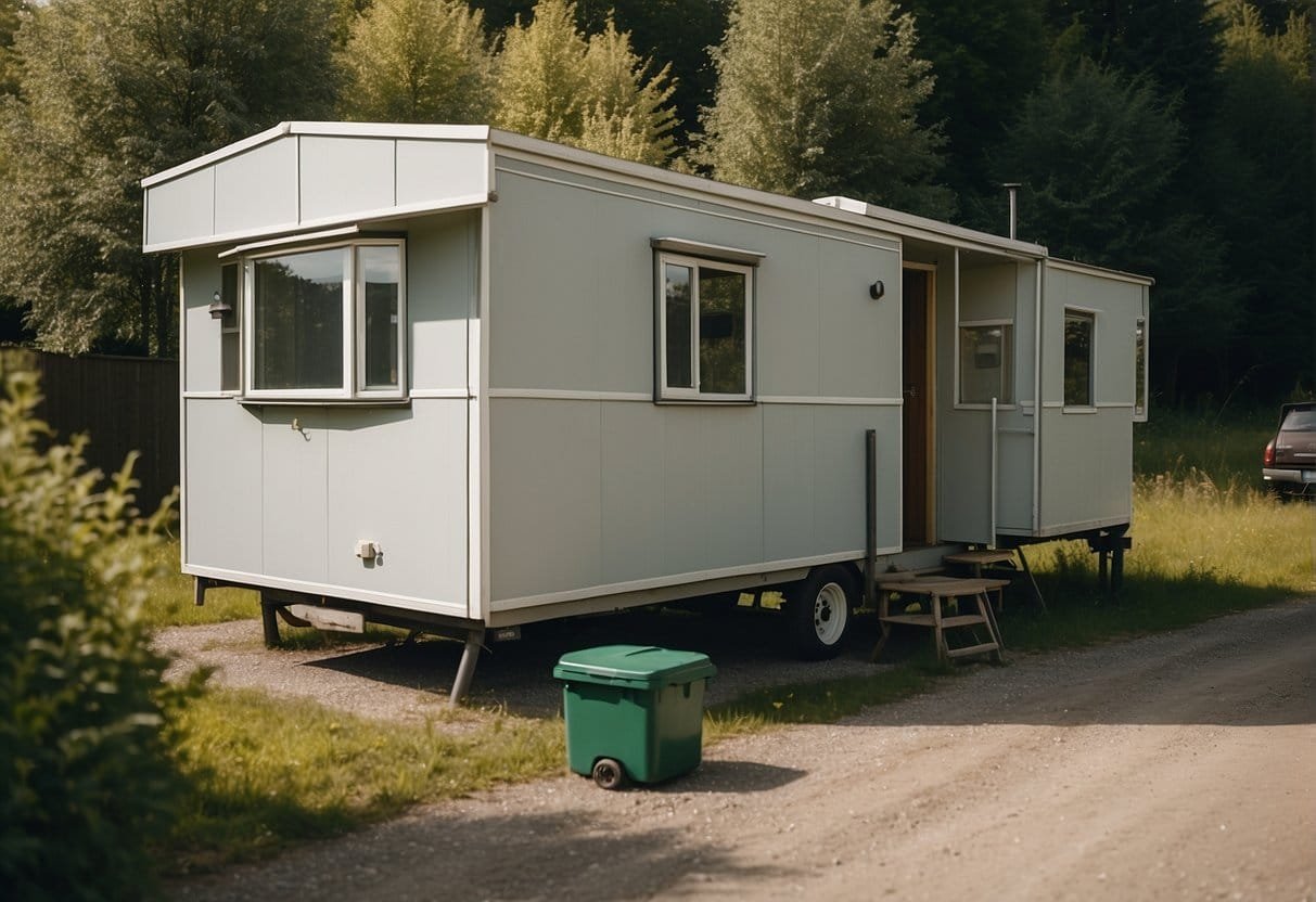 A mobile home parked in an Austrian campground, surrounded by lush greenery and recycling bins. Solar panels on the roof and a composting toilet nearby