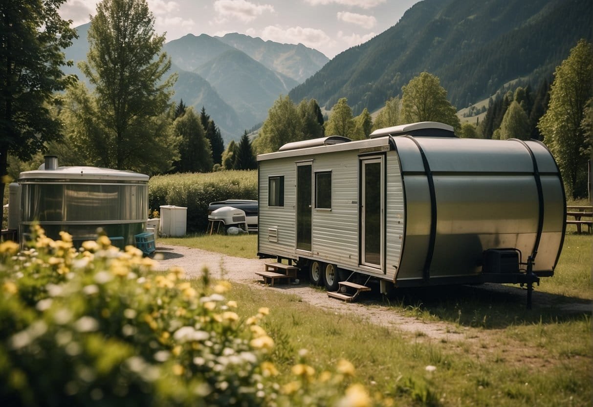 A mobile home parked in a scenic Austrian landscape, surrounded by lush greenery and mountains. Recycling bins and solar panels are visible, indicating environmentally conscious behavior