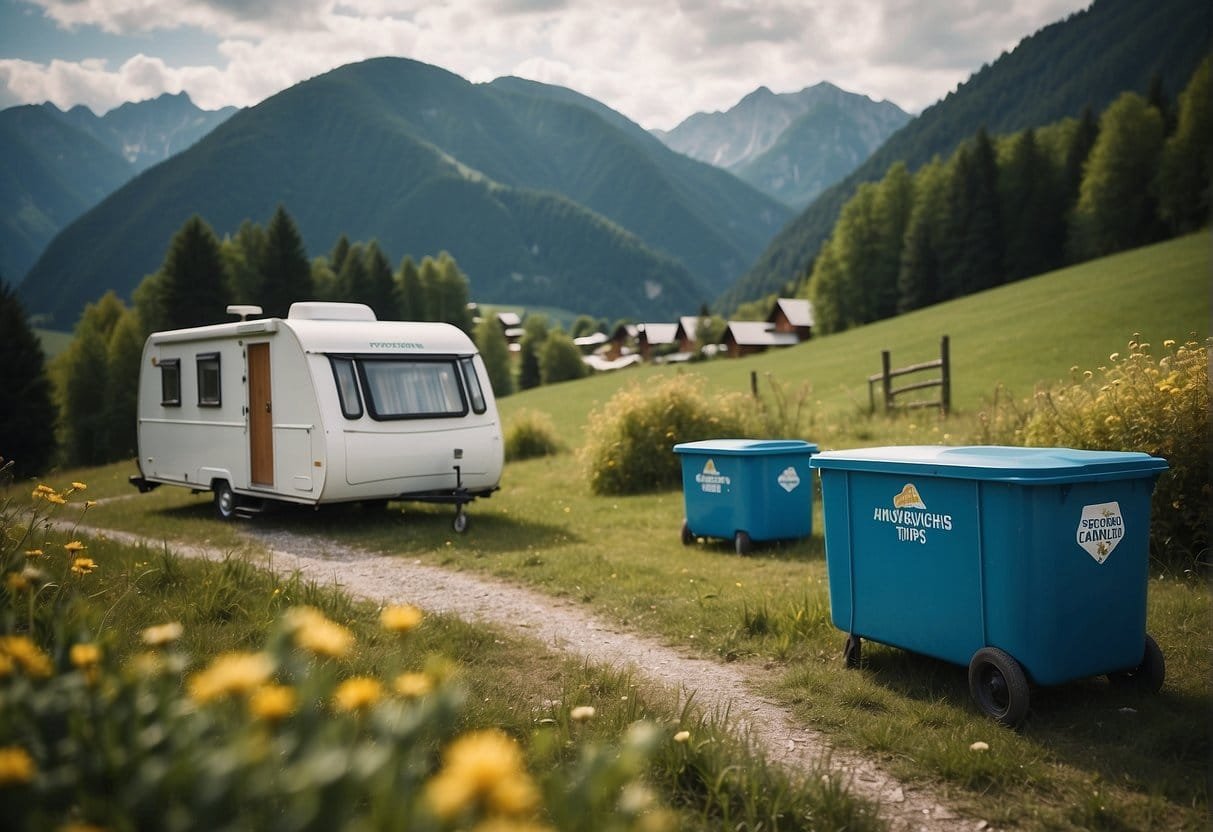 A mobile home parked in a scenic Austrian landscape, with recycling bins nearby and a sign promoting eco-friendly tourism tips