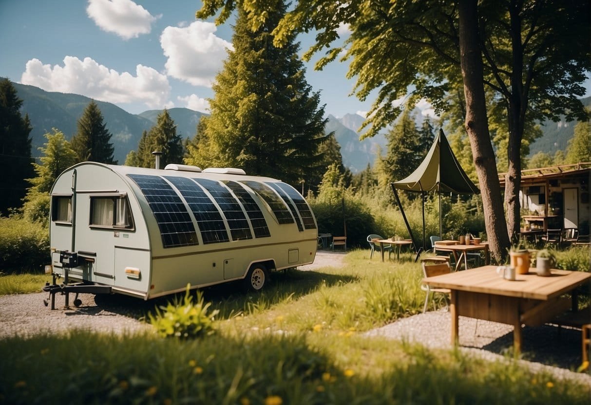 A serene campsite in Austria with a mobile home surrounded by lush greenery, solar panels on the roof, and a recycling station nearby
