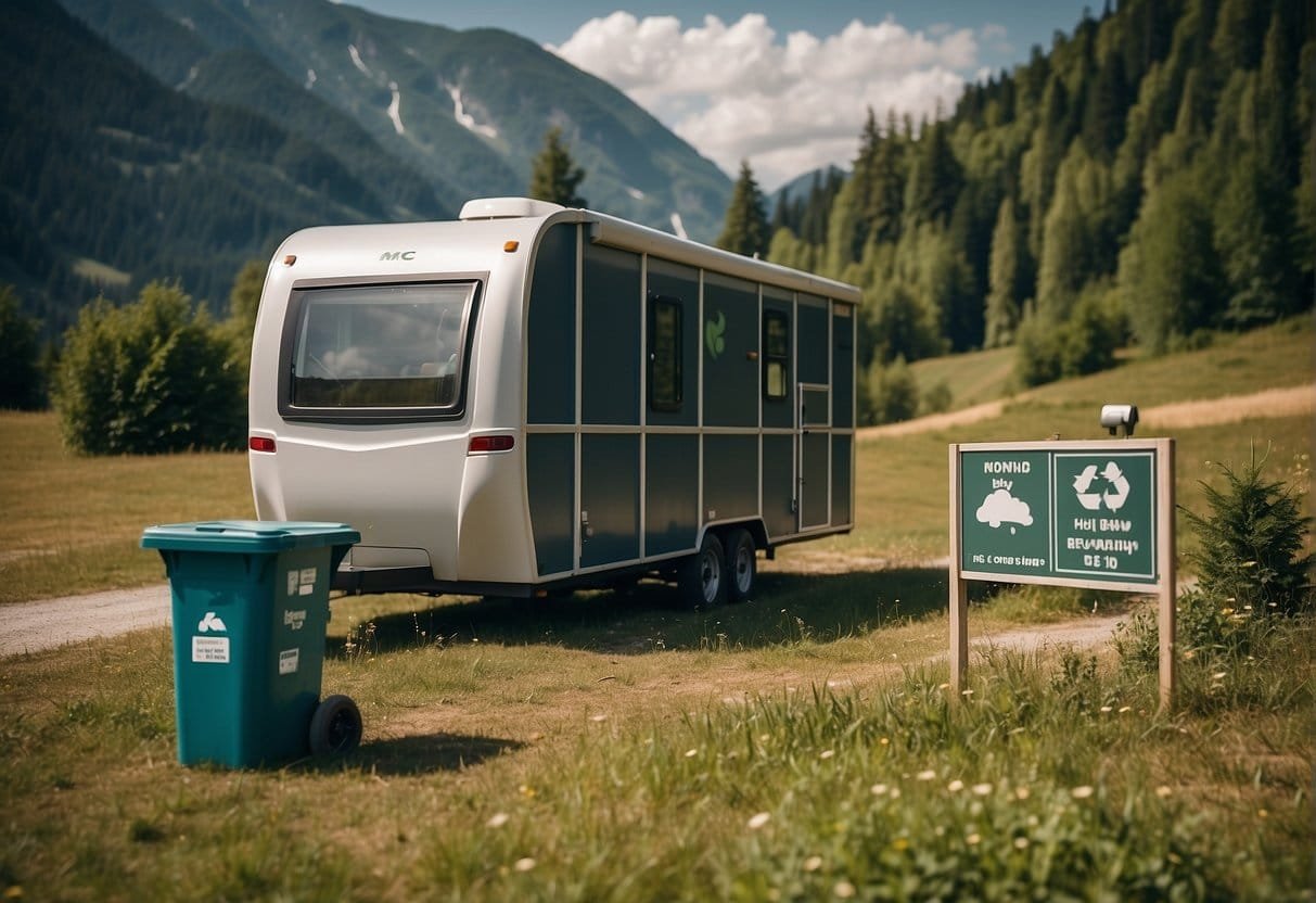 A mobile home parked in a scenic Austrian landscape, with a recycling bin and signs promoting eco-friendly behavior