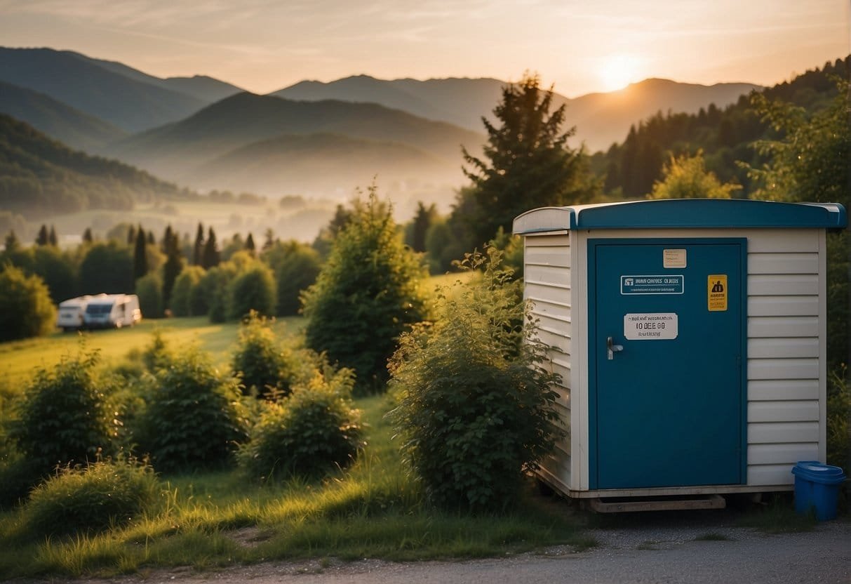 A mobile home parked in a scenic Austrian countryside. Recycling bins and eco-friendly signs are visible. The sun sets in the background
