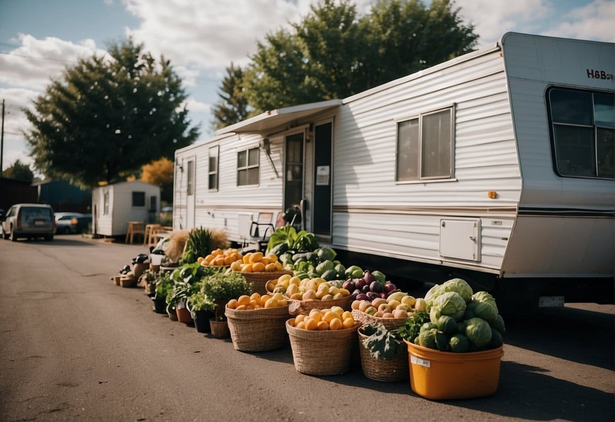 A mobile home parked near a local sustainable food initiative, with fresh produce and a community gathering