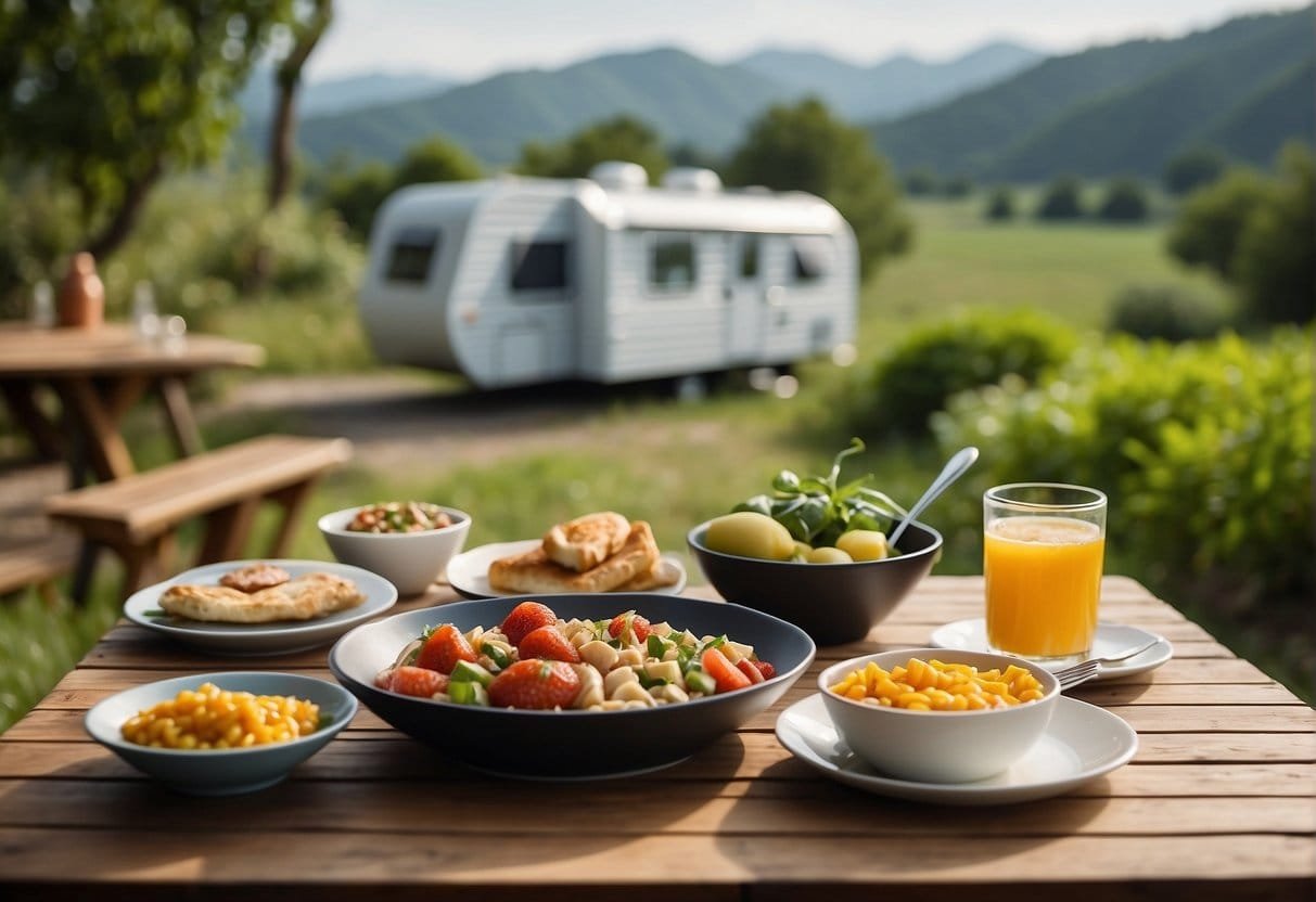A table set with locally sourced ingredients, surrounded by a lush natural landscape, with a mobile home in the background
