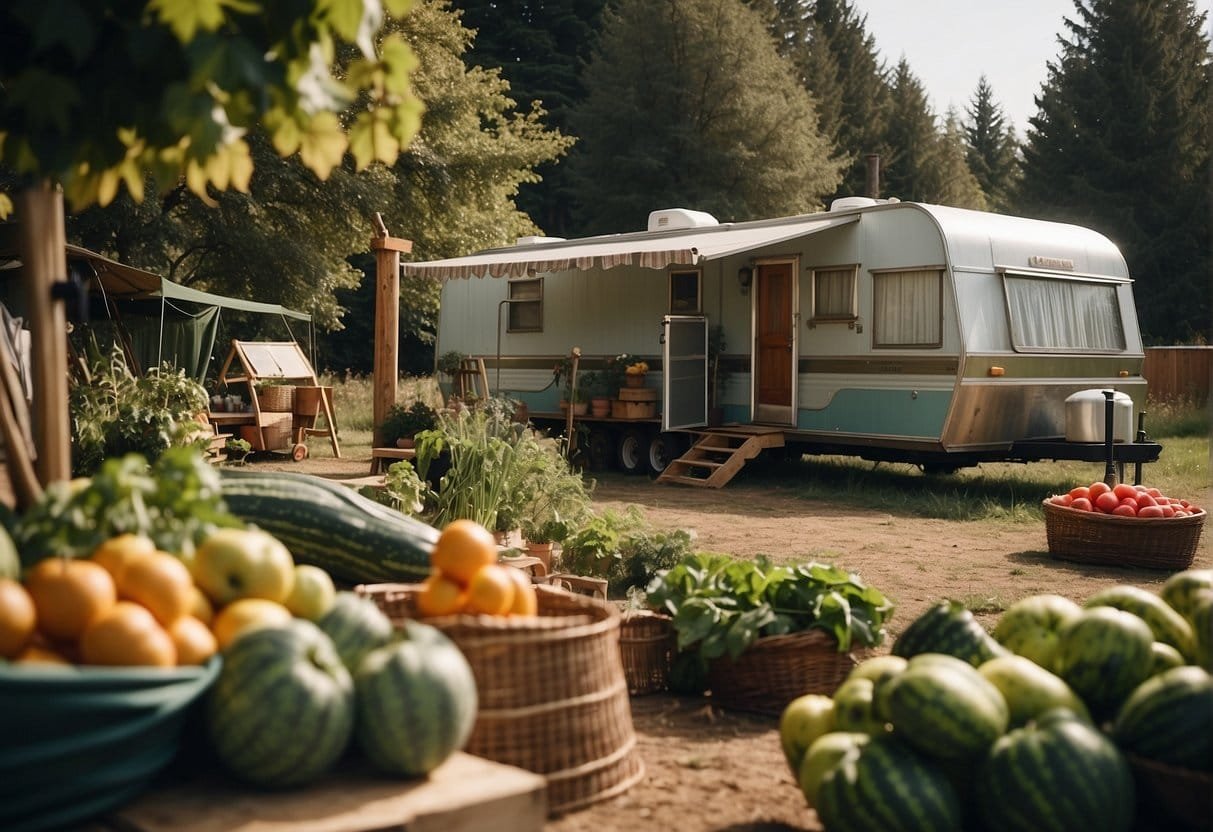A serene landscape with a mobile home parked near a local sustainable food initiative, surrounded by fresh produce and a welcoming atmosphere