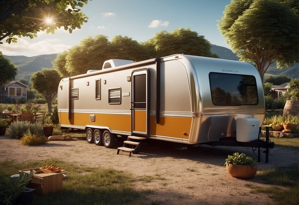 An illustration of a mobile home parked in a scenic location, surrounded by local sustainable food initiatives and culinary experiences