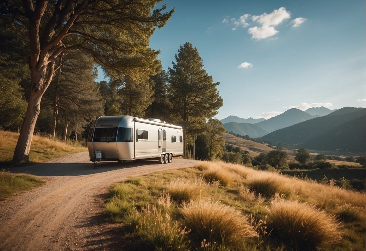 Create sustainable mobile home travel routes with scenic landscapes and eco-friendly destinations. Illustrate a mobile home traveling through a natural setting with renewable energy sources