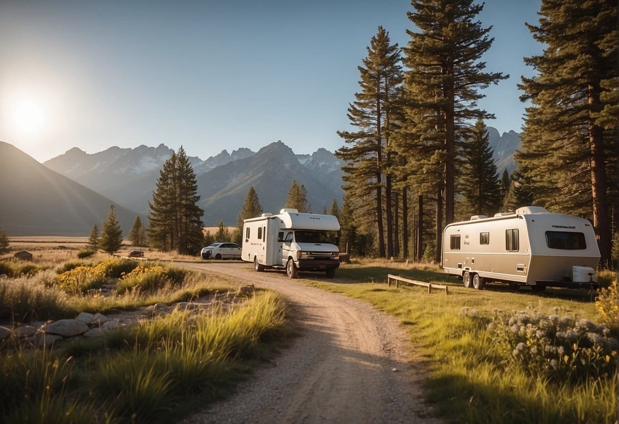 Create sustainable mobile home routes with scenic views and eco-friendly accommodations. Illustrate travelers enjoying nature and local attractions along the way
