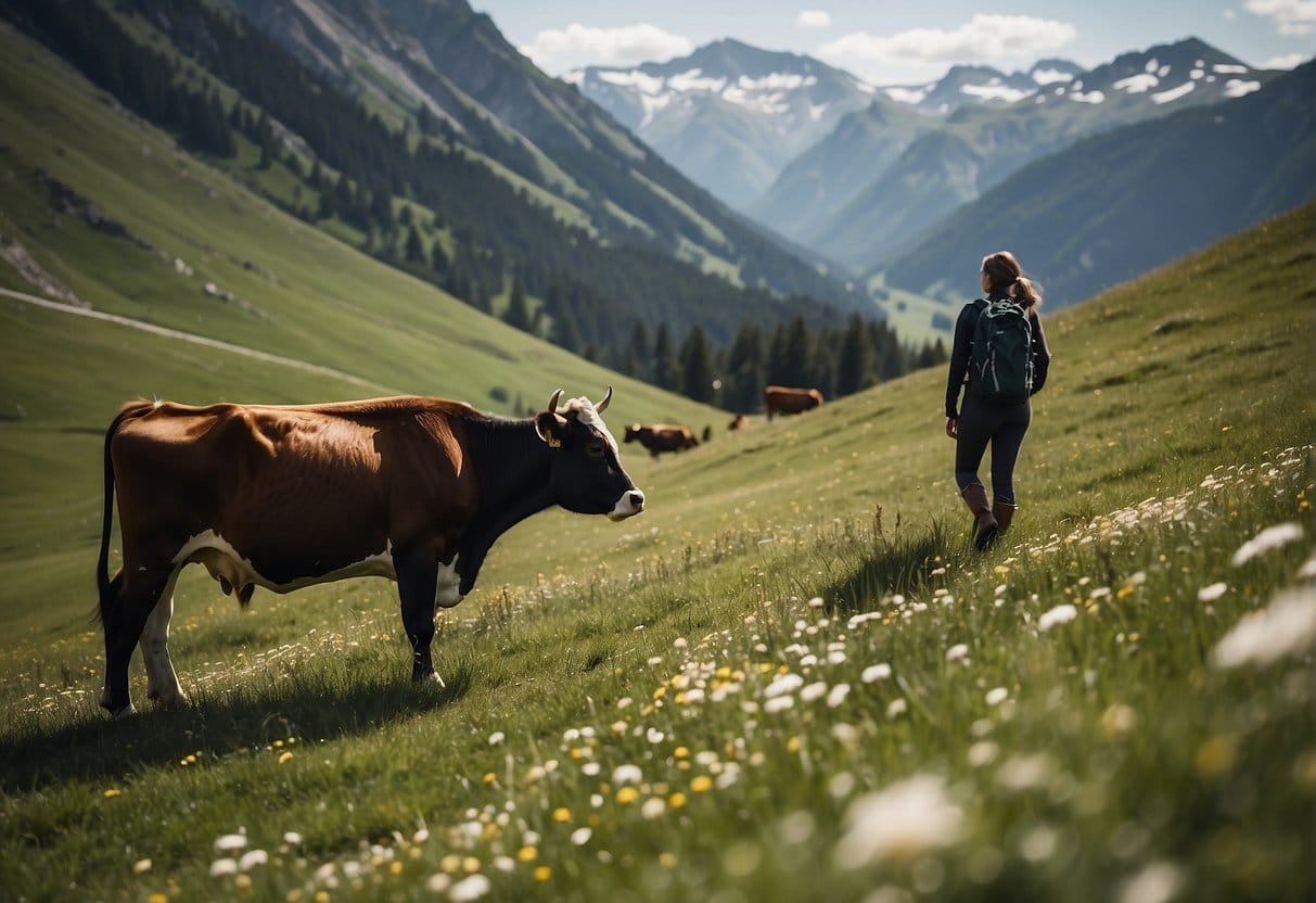 Hikers calmly passing by grazing cows on an alpine meadow