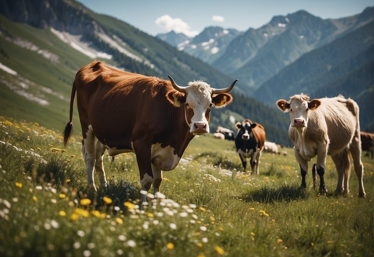 Hiking in alpine meadows, interacting with cows. Showing proper behavior around grazing cows