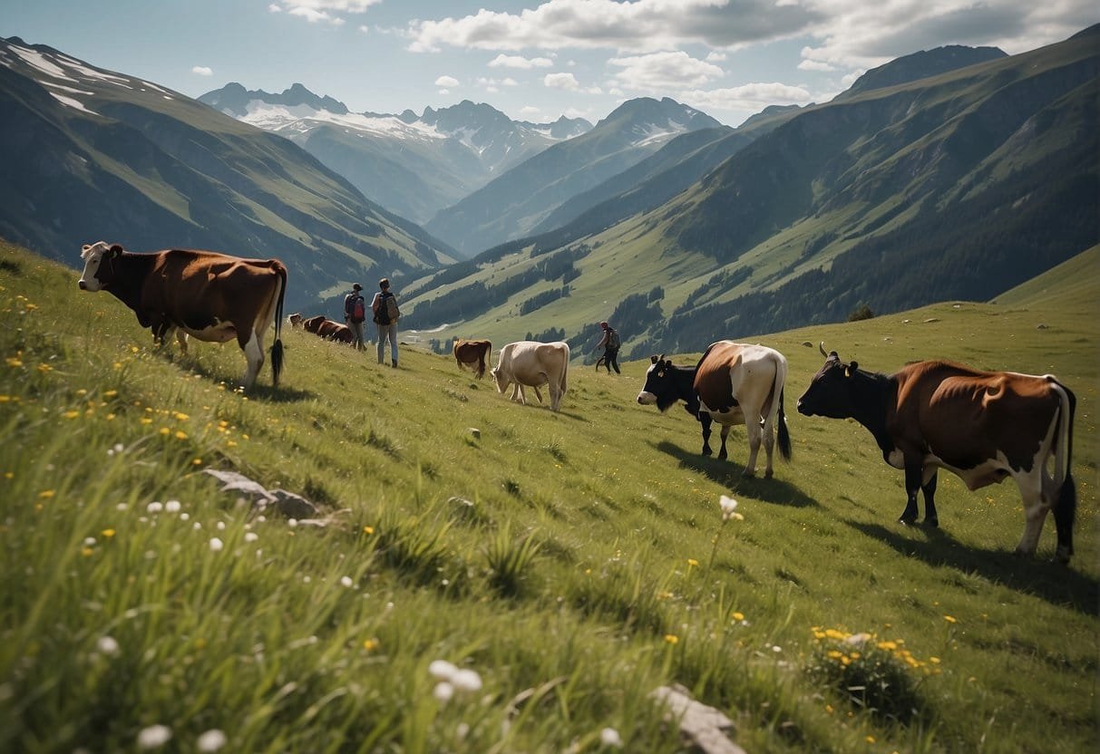 Hikers calmly passing by grazing cows on a peaceful alpine meadow
