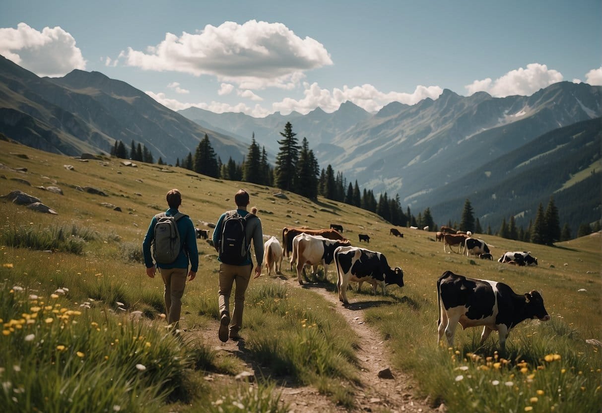 Hikers on alpine meadows with cows, following safety guidelines, enjoying a peaceful hike
