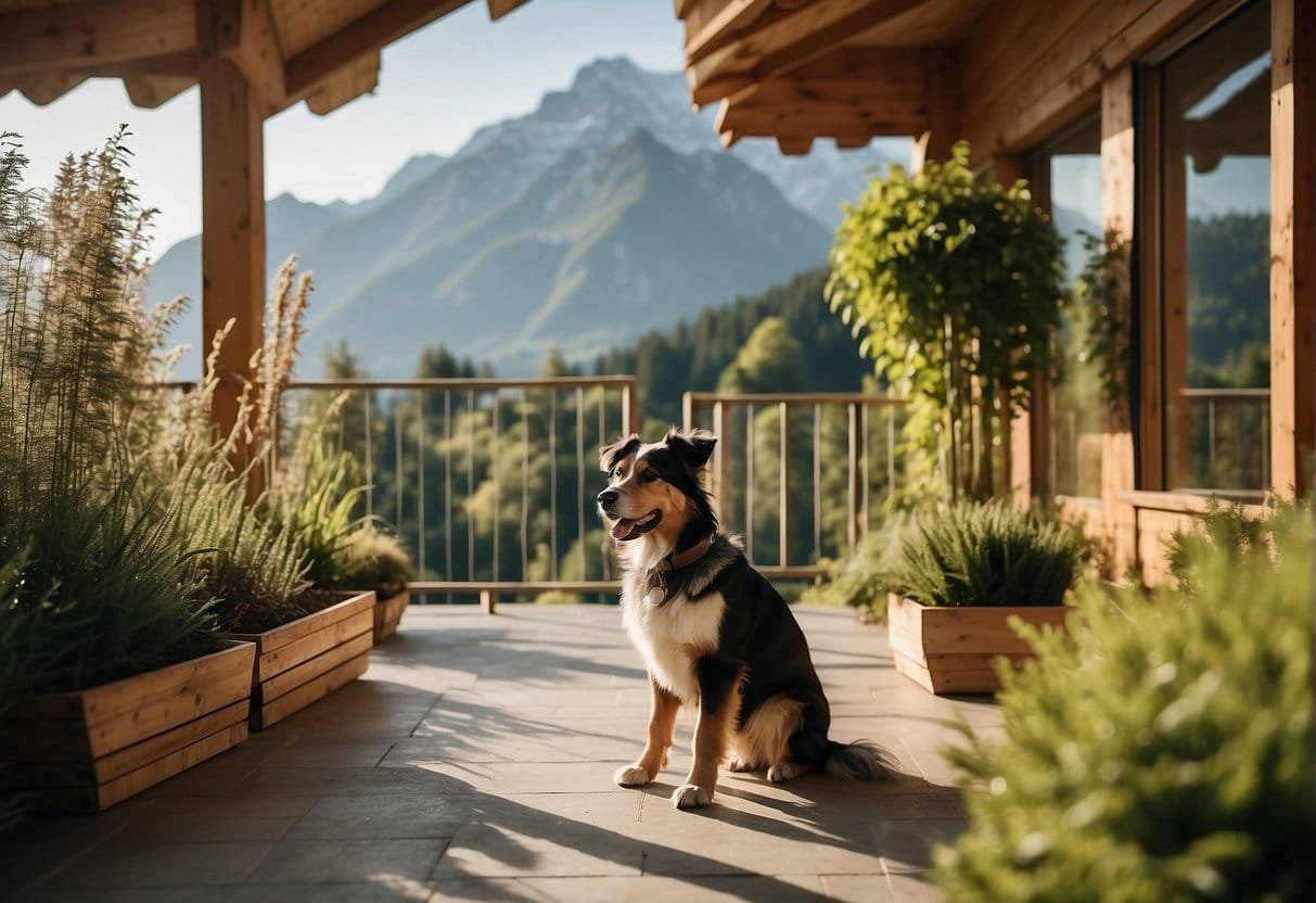 A scenic view of a dog-friendly bio hotel in Austria, with lush greenery, mountains, and a welcoming atmosphere for pets