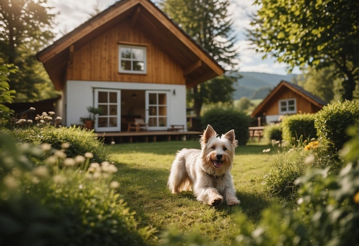 A dog-friendly Bio Hotel in Austria, with lush green surroundings and a welcoming atmosphere. Dogs happily exploring the grounds, while their owners relax and enjoy the peaceful environment