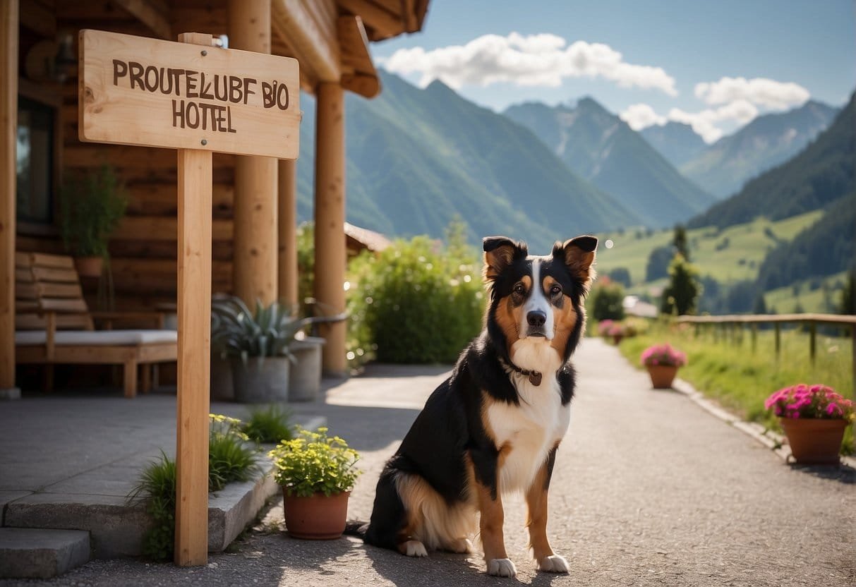 A dog-friendly bio hotel in Austria, with a sign saying "Frequently Asked Questions Urlaub mit Hund im Bio Hotel in Österreich" and a picturesque mountain backdrop