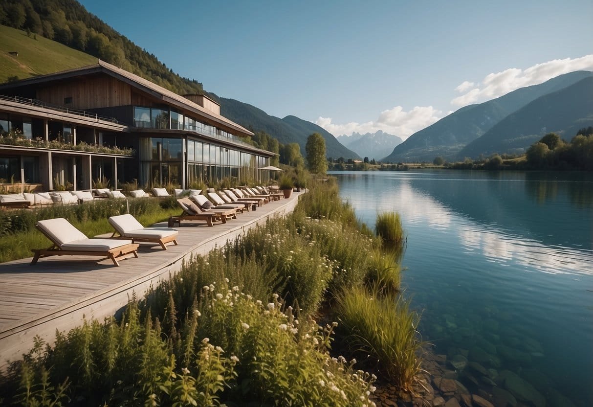 A scene of a bio hotel by the water in Austria, with natural surroundings and a serene atmosphere