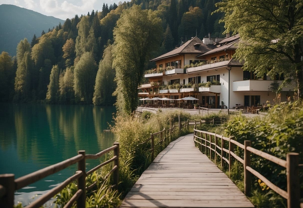 A serene scene at a bio hotel by the water in Austria, with lush greenery, a tranquil lake, and a cozy hotel nestled in the natural surroundings