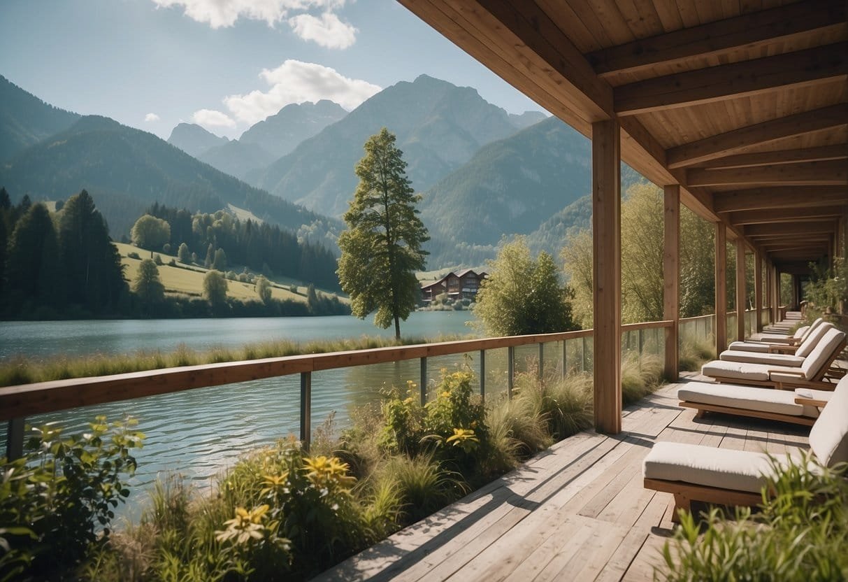 A serene scene at a sustainable eco hotel by the water in Austria, showcasing eco-tourism and nature-focused vacation