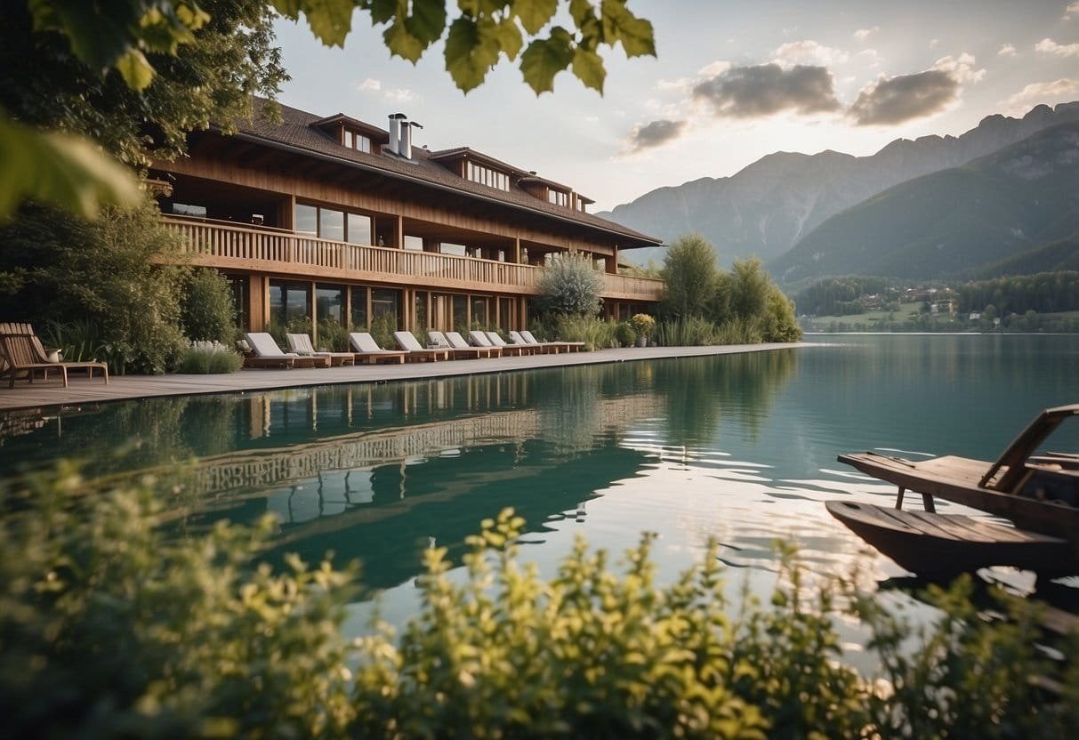 A serene scene at a bio hotel by the water in Austria, with nature activities and relaxation