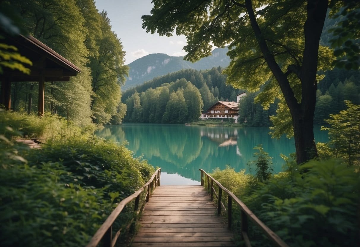 A serene lake surrounded by lush greenery, with a charming bio hotel nestled among the trees in Austria