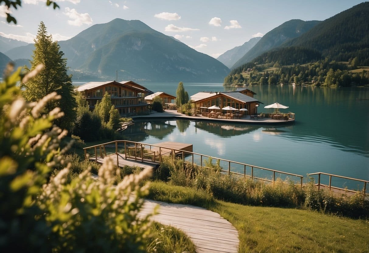 A scene of sustainability and environmental consciousness at a bio hotel by the water in Austria