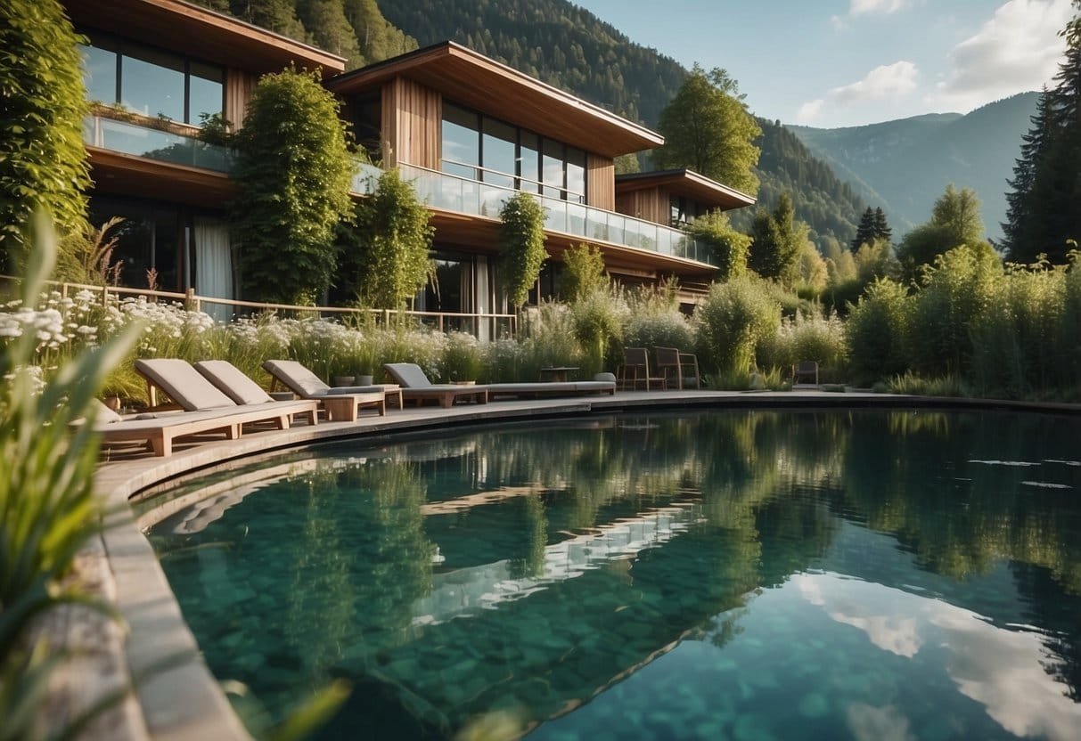 A serene scene at a bio hotel by the water in Austria, with lush greenery and a peaceful atmosphere