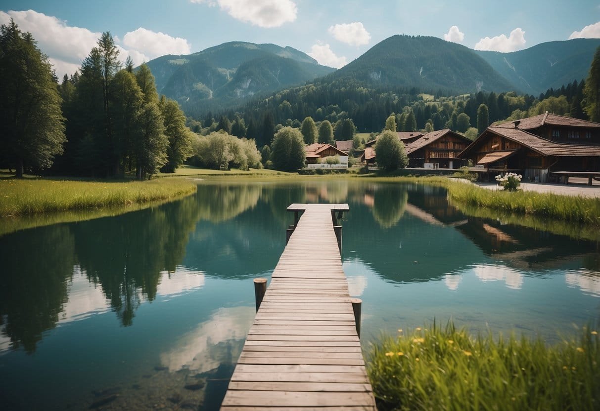 A serene lake nestled in the Austrian countryside, surrounded by a lush green landscape and a charming bio hotel