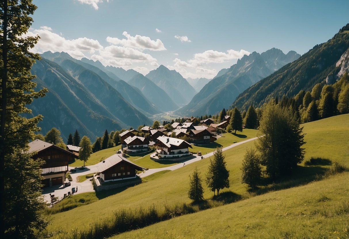 A serene mountain landscape in Austria, with a bio hotel nestled among lush greenery and towering peaks, under a clear blue sky