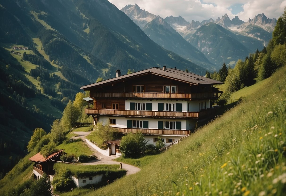 A serene mountain landscape with a bio hotel nestled among lush greenery in the Austrian Alps