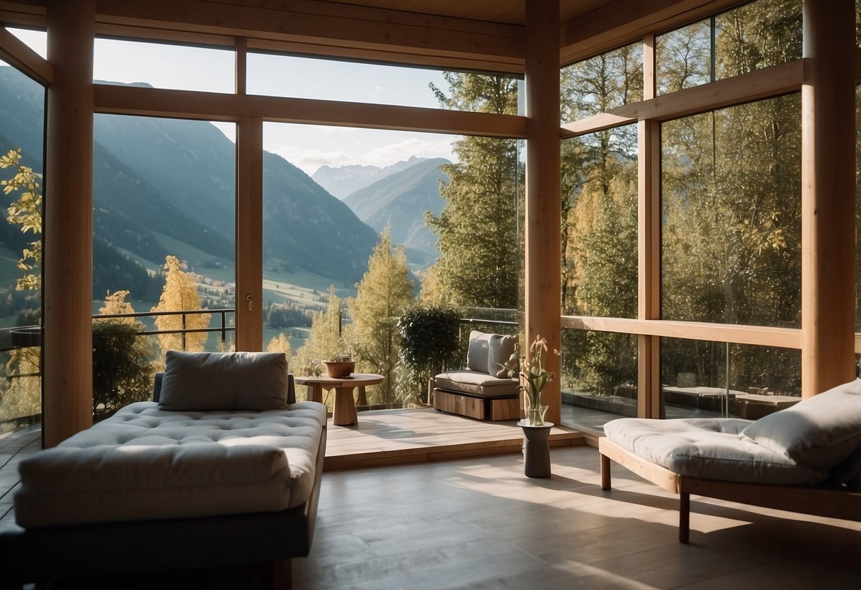 A serene scene at a bio hotel in the Austrian mountains, depicting wellness and relaxation