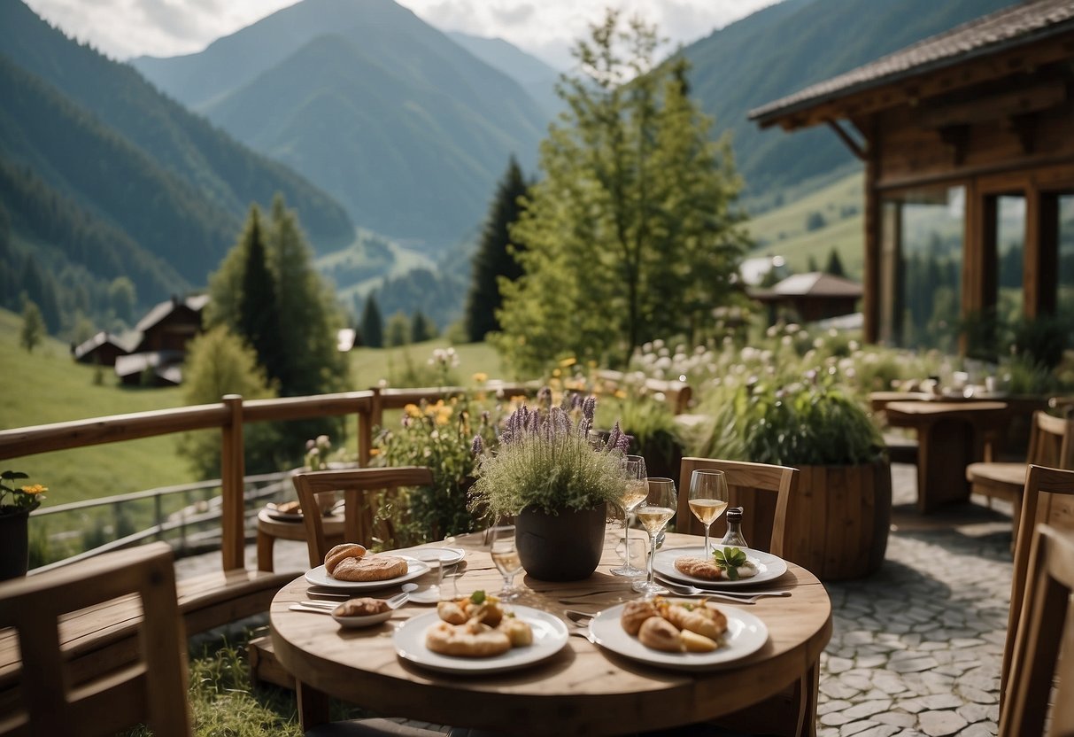 A scenic view of a bio hotel nestled in the Austrian mountains, with a focus on the culinary offerings and natural surroundings