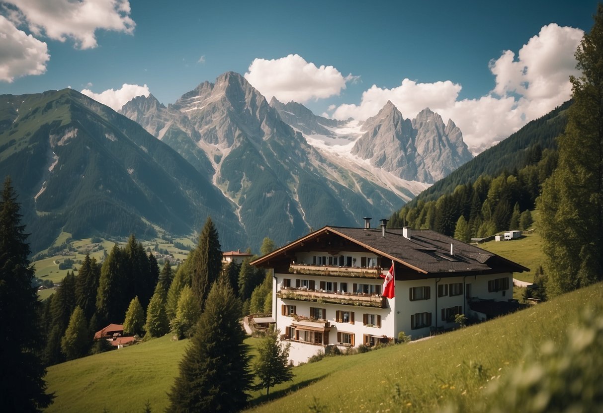 A serene mountain landscape with a cozy, eco-friendly hotel nestled among lush greenery and towering peaks in Austria