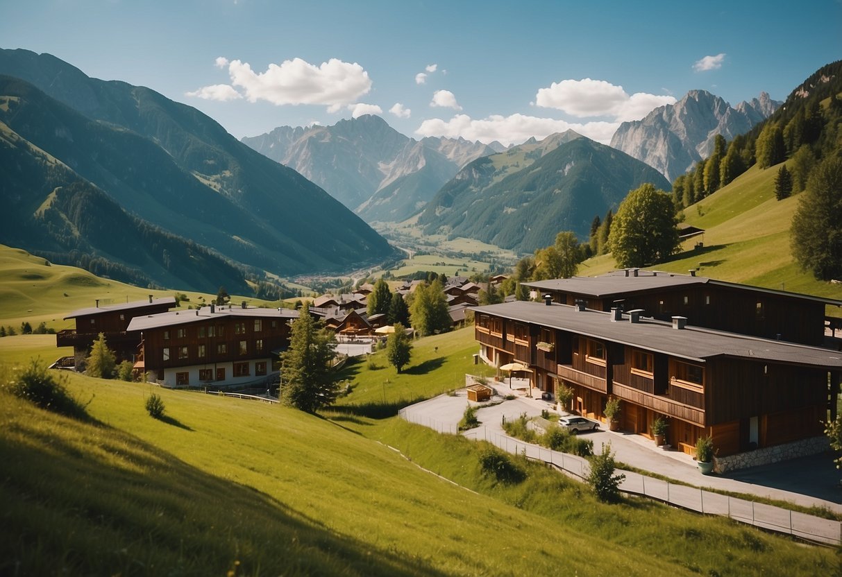 A serene mountain landscape in Austria, with a bio hotel nestled among the peaks. The sun shines on lush green valleys and clear blue skies