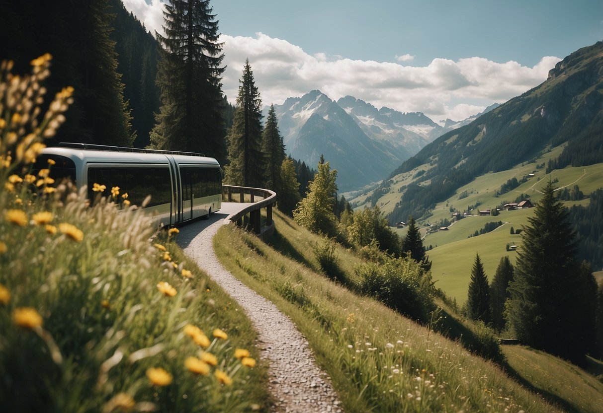 A sustainable journey to a bio hotel in the Austrian mountains, showcasing eco-friendly transportation and scenic mountain landscapes