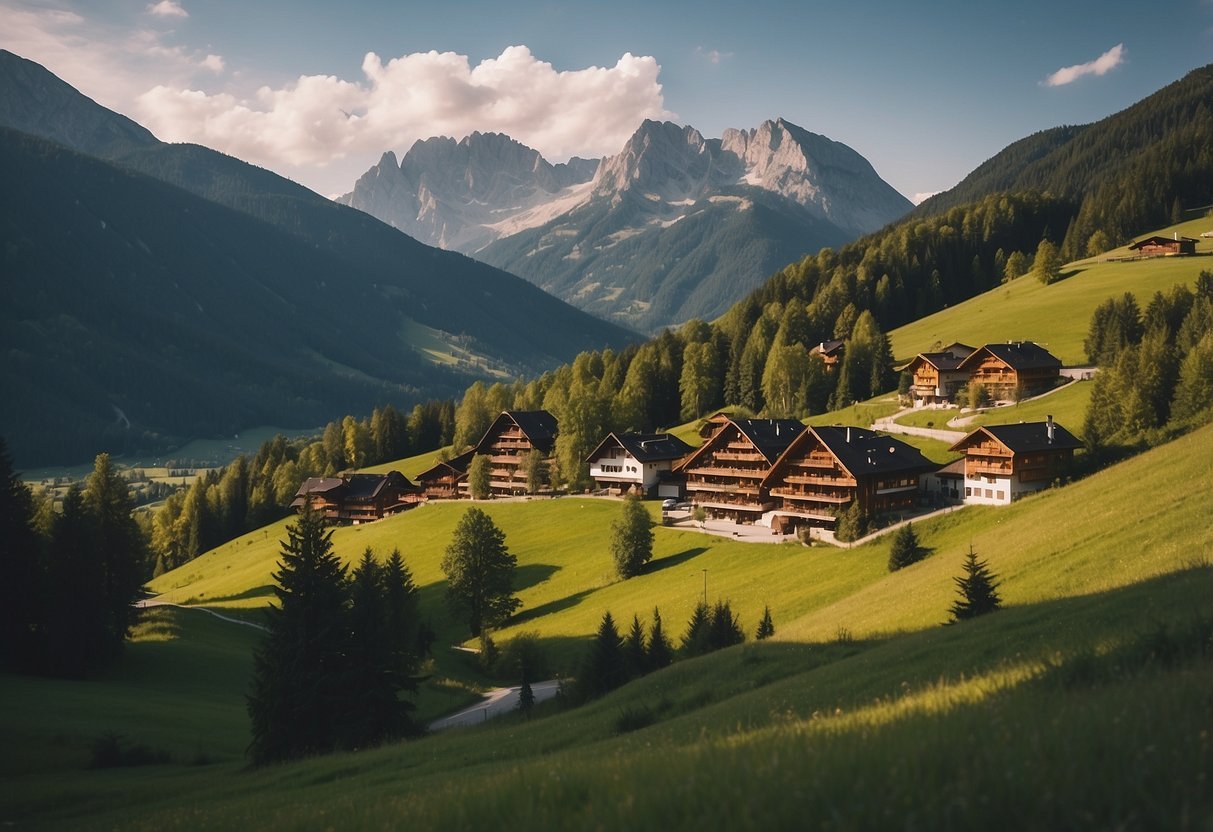 A serene mountain landscape in Austria, with a bio hotel nestled among the green hills, showcasing eco-friendly travel