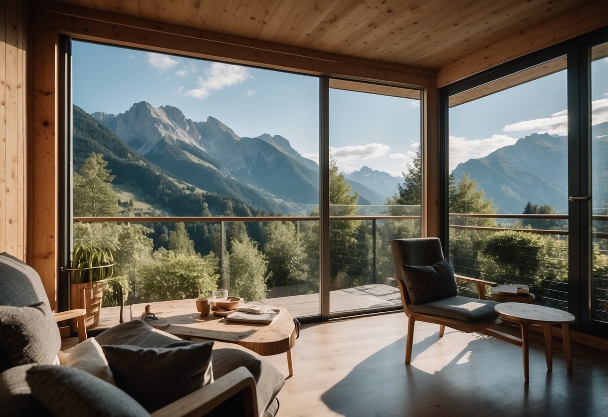 A serene mountain landscape in Austria, with lush greenery and a clear blue sky, surrounding a cozy bio hotel nestled in the heart of the mountains